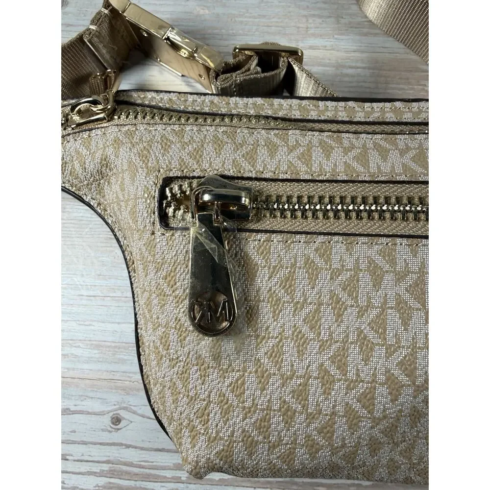 Michael Kors Tan & Gold Signature Belt Waist Fanny Pack Crossbody Bag Purse